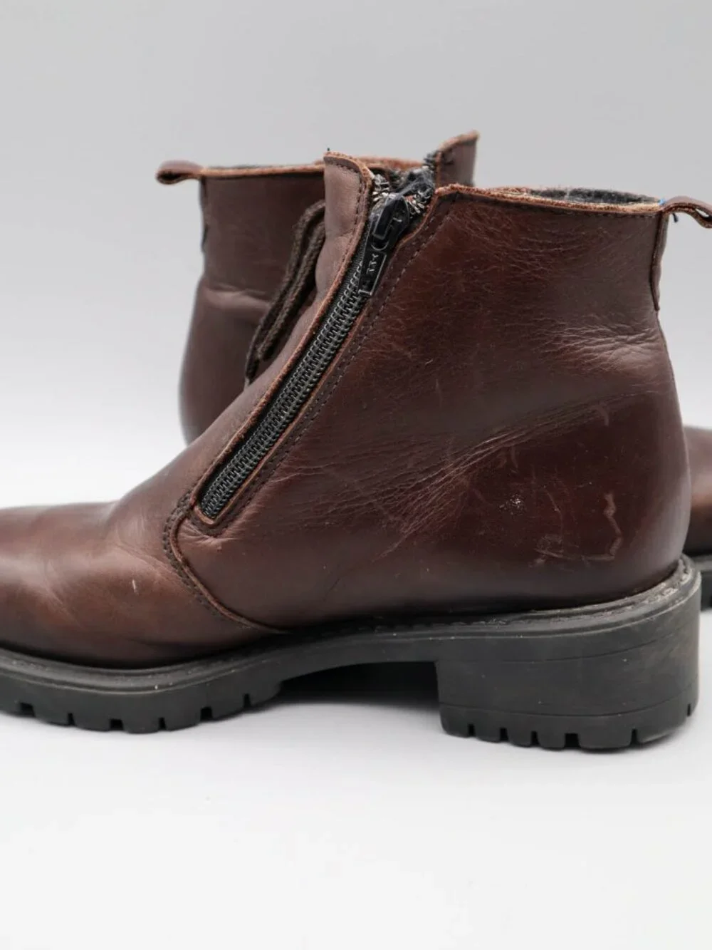 Brown Leather Booties Ankle Boots Side Zip Lace Up Sz 7 Felt Wool Lined 90s Y2K